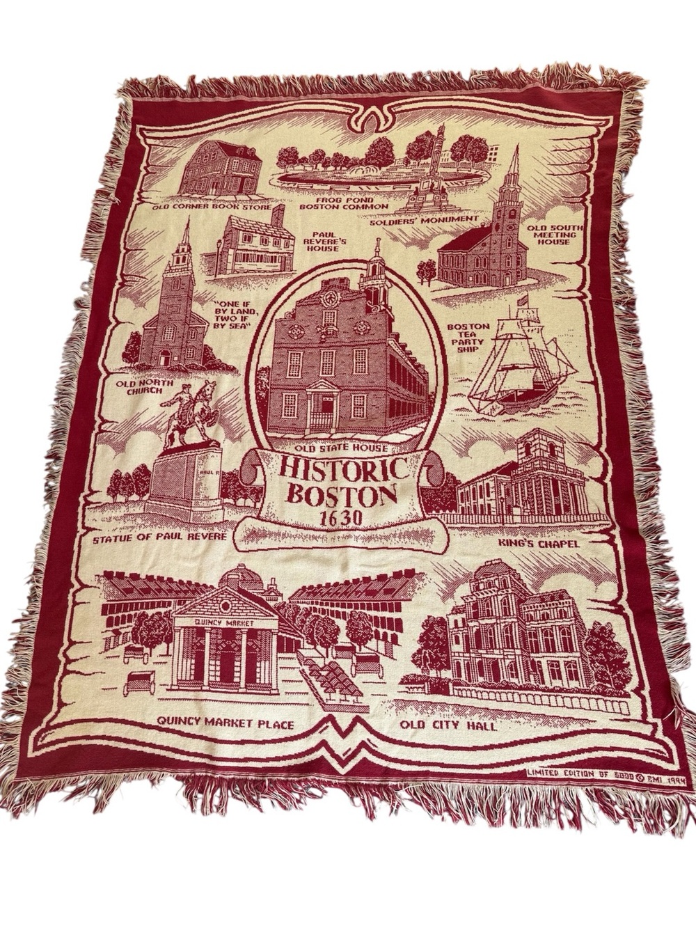 Historic Boston landmarks red and cream woven tapestry throw fringed blanket